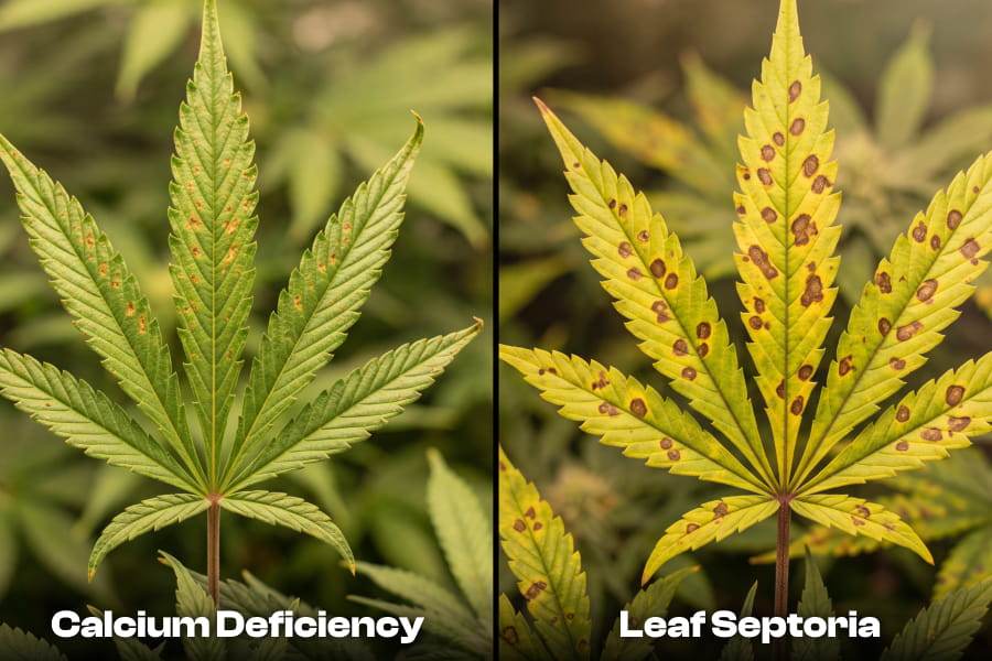 Side-by-side comparison of calcium deficiency spots versus leaf septoria on cannabis.
