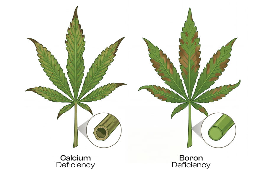 Comparison of cannabis boron deficiency vs calcium deficiency leaf symptoms side by side.