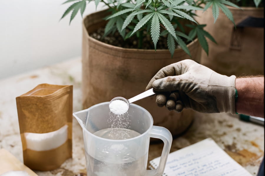 Epsom salt dissolved in water to fix a cannabis sulfur deficiency, about 1 to teaspoon per gallon of water.
