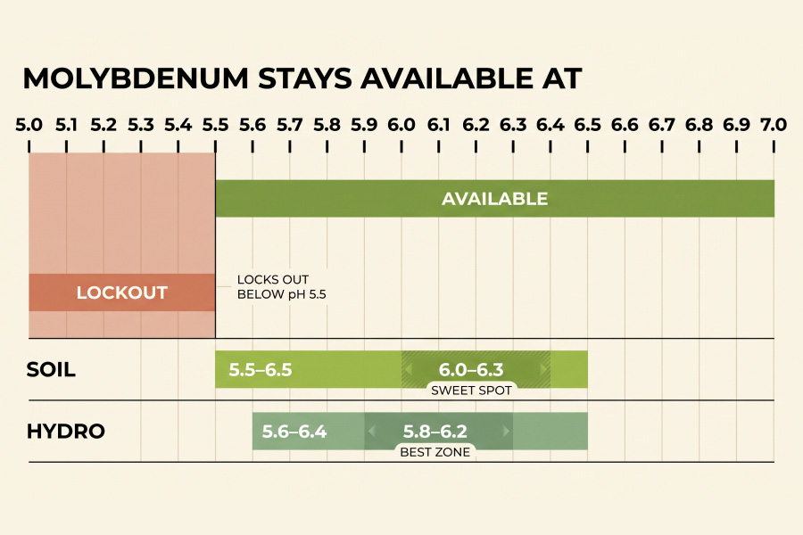 pH scale showing molybdenum stays available in soil at 5.5-6.5 and hydro at 5.6-6.4, locking out below 5.5.