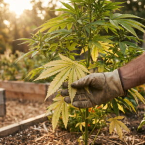 A hand holding yellowing cannabis leaves.