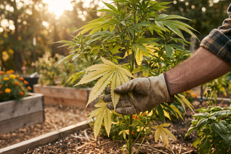 A hand holding yellowing cannabis leaves.