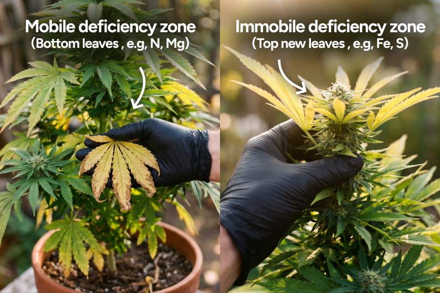 Cannabis plants side by side: one with yellowing and damage starting on the older lower leaves, and the other showing deficiency signs on the fresh new growth at the top.