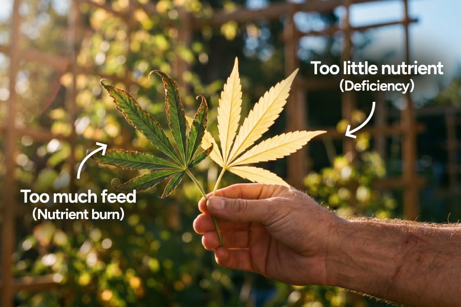 Hand holding two leaves side by side: one has dry, crispy tips from nutrient burn, while the other has yellowing leaves that may point to a deficiency. It helps show the simple difference, burn usually starts at the tips, while deficiencies often cause fading or discoloration across the leaf.