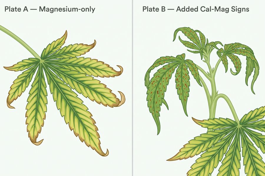 Comparison of magnesium deficiency versus combined cal-mag deficiency in cannabis.