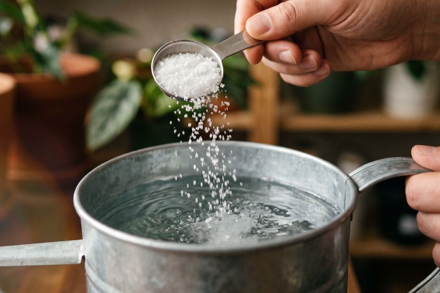 Dissolving Epsom salt in water to treat cannabis magnesium deficiency.