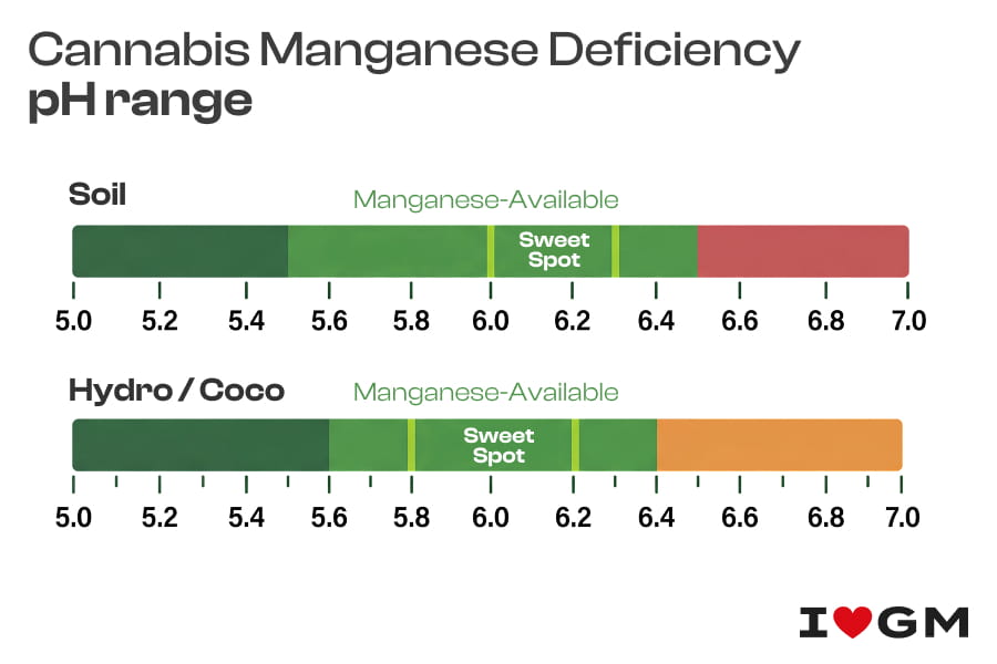 Chart of manganese-available pH ranges for cannabis: soil 5.5–6.5 (best 6.0–6.3), hydro 5.6–6.4 (best 5.8–6.2).