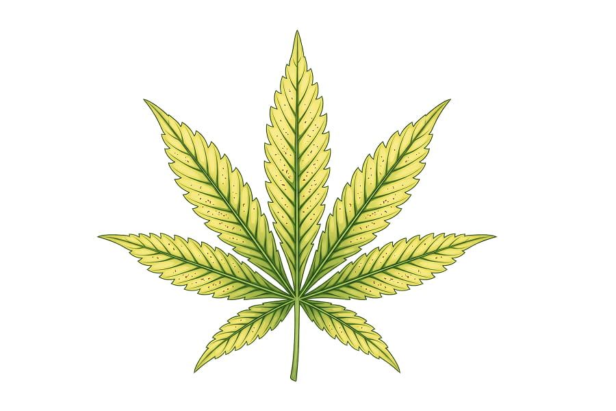 Close-up of a cannabis leaf with interveinal yellowing and brown necrotic specks, veins still green.