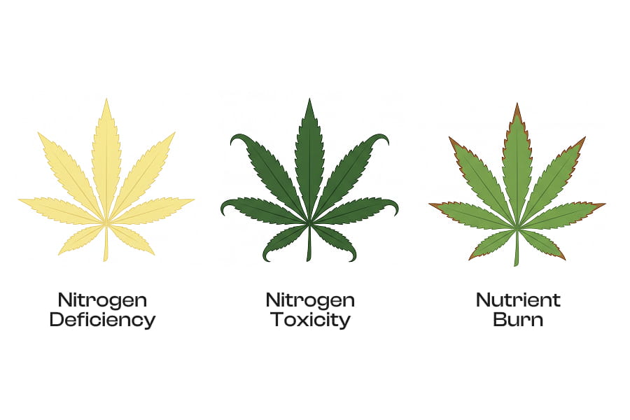 Chart comparing cannabis nitrogen deficiency with toxicity, nutrient burn and normal fade.