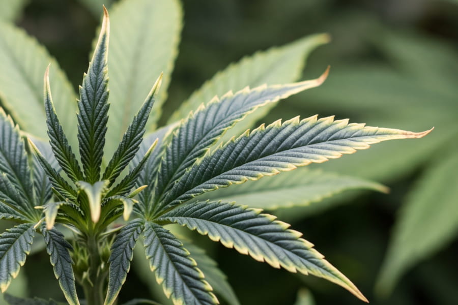 Young cannabis leaves with yellow-white tips and curling edges from copper deficiency.