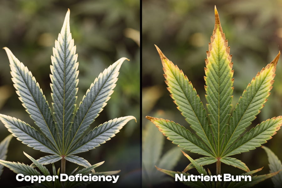 Copper deficiency versus nutrient burn comparison on cannabis leaves.