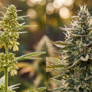 The slender plant represents the male weed plant, which usually grows taller with fewer leaves and forms pollen sacs. The fuller, leafier plant represents the female weed plant, which produces pistils and later develops the buds growers usually want.