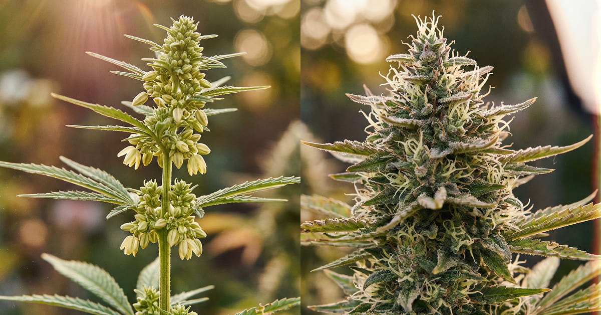 The slender plant represents the male weed plant, which usually grows taller with fewer leaves and forms pollen sacs. The fuller, leafier plant represents the female weed plant, which produces pistils and later develops the buds growers usually want.