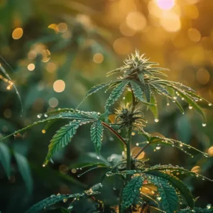 Marijuana plant with droplets of water
