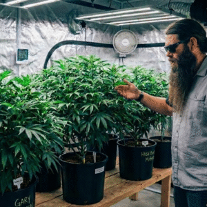 Parker Curtis checking cannabis plants
