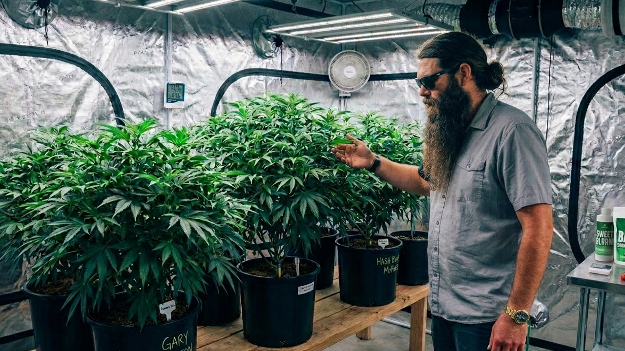 Parker Curtis checking cannabis plants