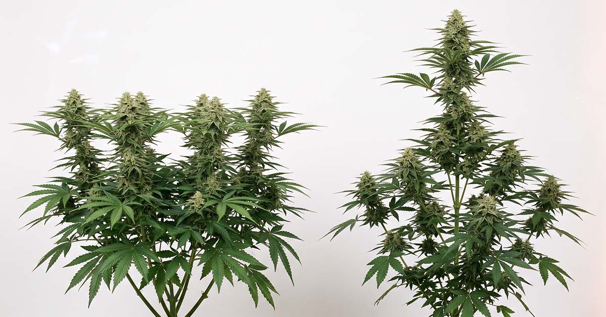 Topped cannabis plant with wide flat canopy and multiple colas next to untopped plant with Christmas tree shape and single main cola.