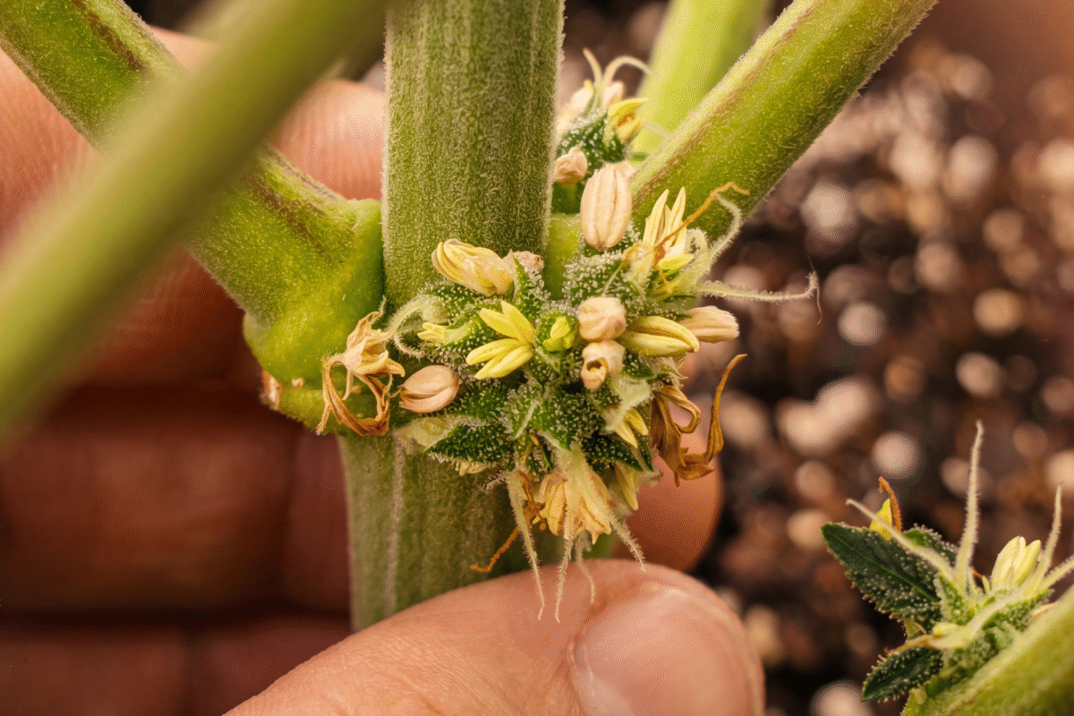 Cluster of smooth round pollen sacs at the node of a hermaphrodite cannabis plant with no white hairs