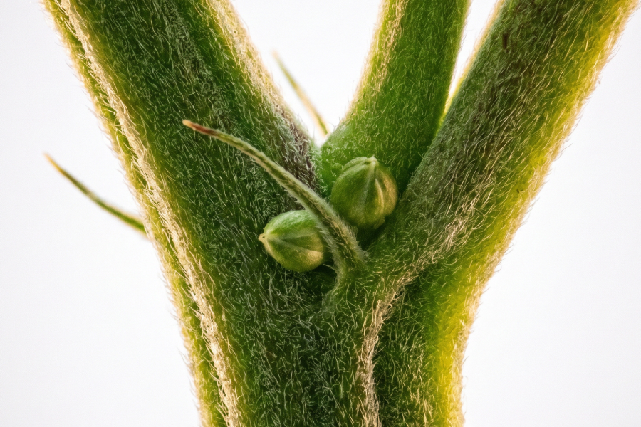 A male cannabis plant showing small, spade-shaped pre-flowers forming at the nodes, an early sign that the plant is developing pollen sacs instead of pistils.