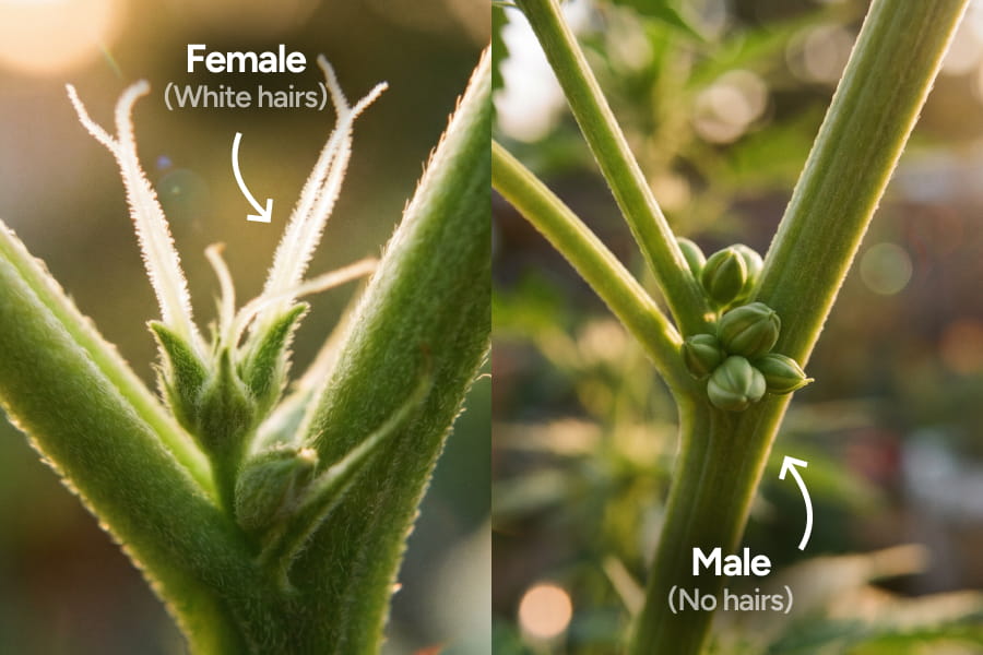 Male and female cannabis plants side by side, highlighting their pre-flowers. The male has small round pollen sacs, while the female has tiny white pistils.
