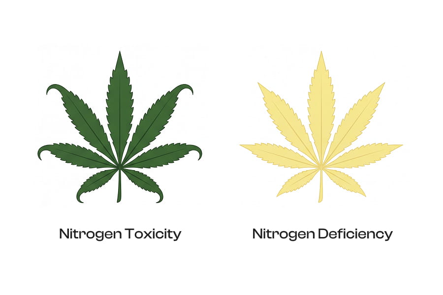 Side-by-side of nitrogen toxicity (dark, clawed) versus nitrogen deficiency (pale, yellowing) cannabis leaves.